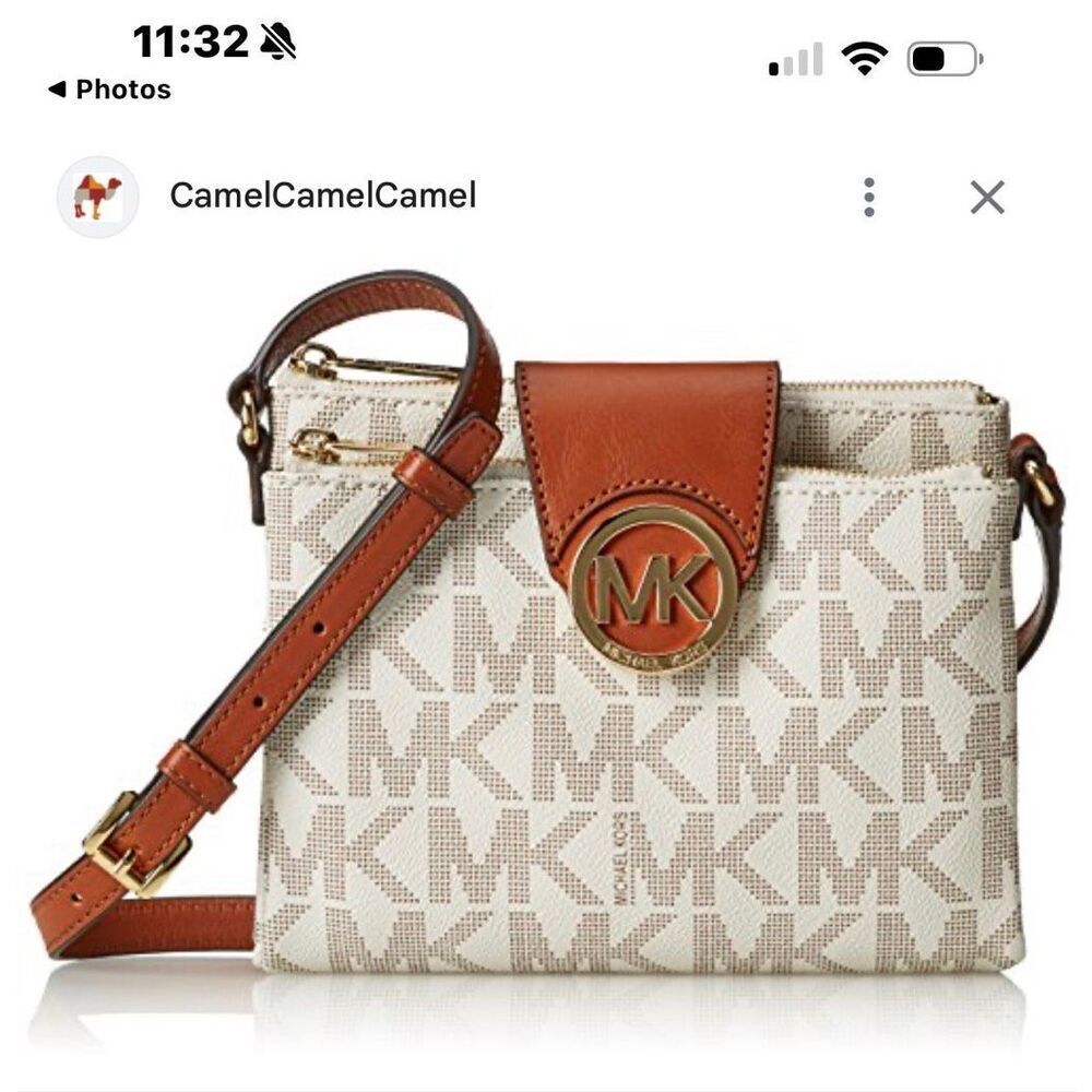 Michael Kors mk tan/white Fulton pebble leather crossbody bag/purse/pocketbook